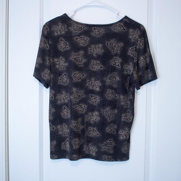 Romantic goth black tee with soft gold floral rose print stretch knit feel VTG L - Picture 2 of 5